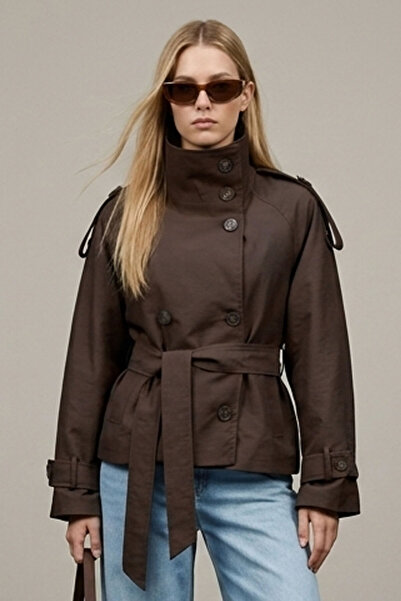 Şiir Tekstil Straz Women's Trench Coat & Jacket & Coat with Stand Collar, Bel...