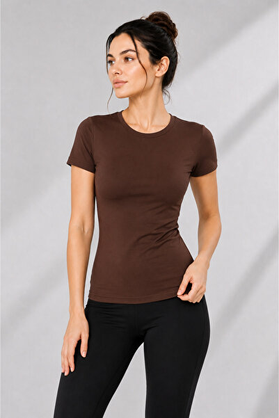 MissKATRE Kadın Kahve Yarım Kol Bisiklet Yaka Basic Body Badi Slim Fit Likral...