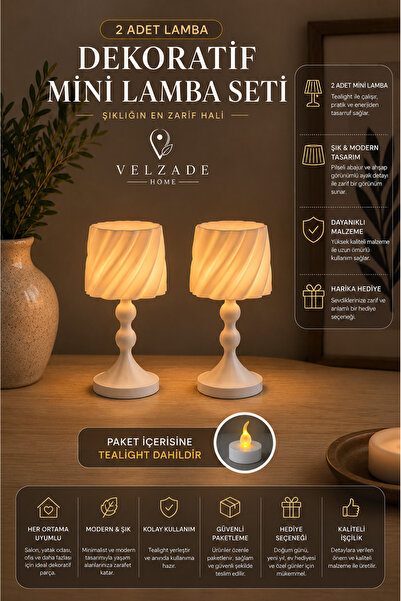 Velzade Home 2’li Dekoratif Mini Abajur Seti – Tealight LED Mumlu 3D Baskı PL...
