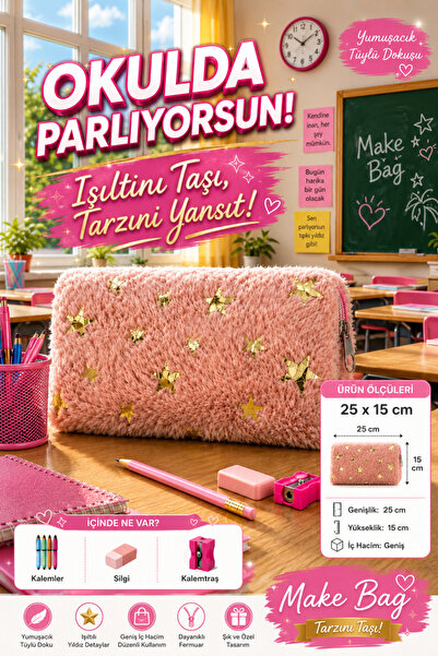 MAKE BAG YILDIZ VARAK BASKILI PELUŞ KULLANIŞLI KALEMLİK