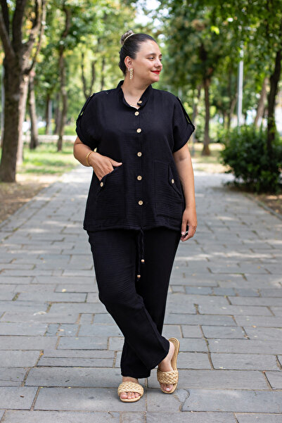 Truva XXL Plus Size Button and Pocket Detailed Relaxed Fit Muslin Pants Set