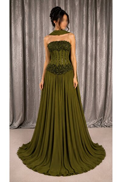 ELORA FASHION فستان سهرة زيتي مطرّز بالشيفون.