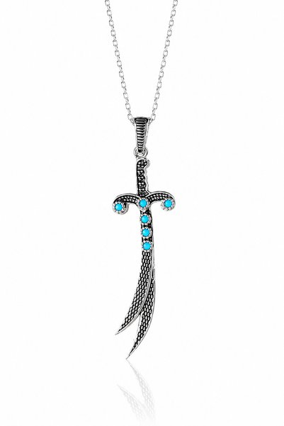 Silvari Silver Hz. Ali Kılıcı Zülfikar Siyah Taşlı Tasarım 925 Ayar Gümüş Kolye