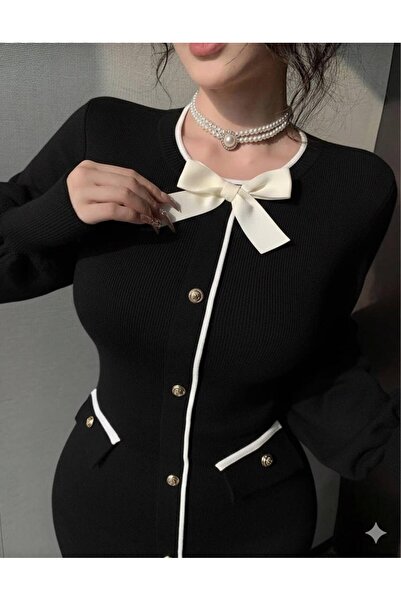 AXXAN Women's Contrast Striped Bow Detailed Ornamental Buttoned Knitwear Dress