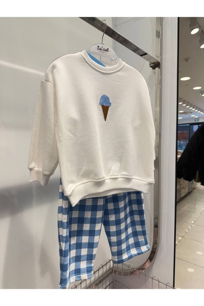 La ciel Paris Children's Top and Bottom Set Ice Cream Printed Sweatshirt and Plaid Pants Set