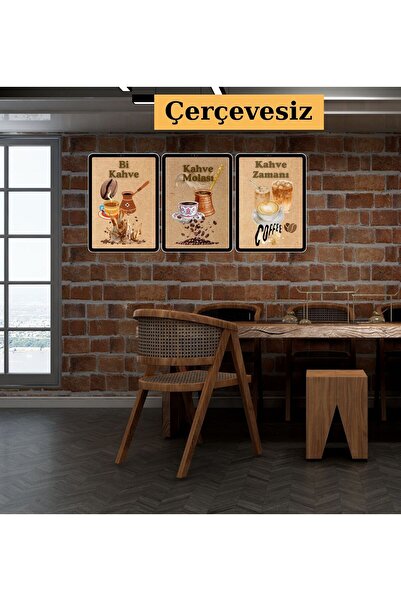 Seçkin Trend Çerçevesiz 3'lü Kahve Duvar Tablosu, Kahve Köşesi, Kraft Kağıt, ...