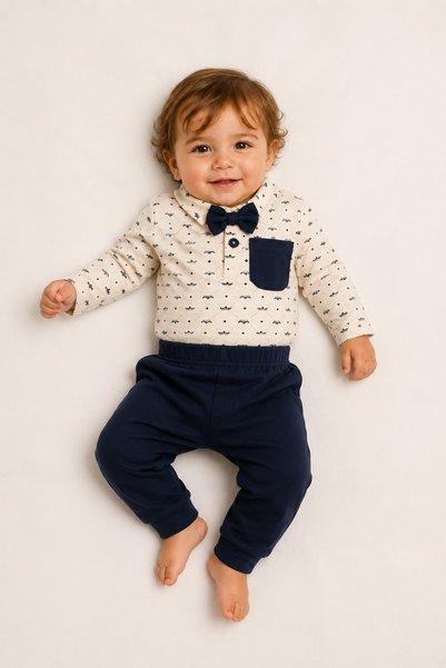 METEOR BABY Baby Boy Set with Bow Tie, 3-Piece Set, Collared Bodysuit, Pants, Beret