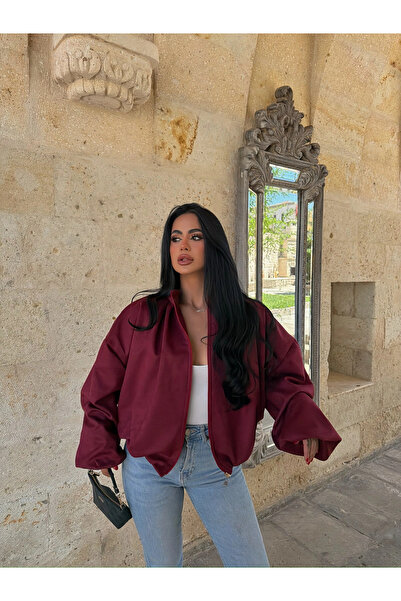 kırmızı butiks Bordo Balon Kol Süet Bomber Ceket