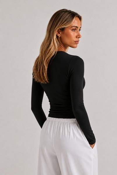 fablair Women's Lace-Up Low-Cut Collar Draped Long Sleeve Stretchy Stylish Blouse