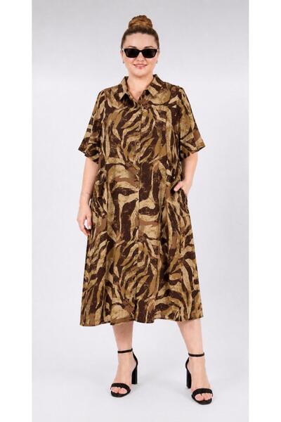 ELSEBUTİKTR Women's Plus Size Cotton Viscose Midi Oversize Loose Cut Shirt Dress