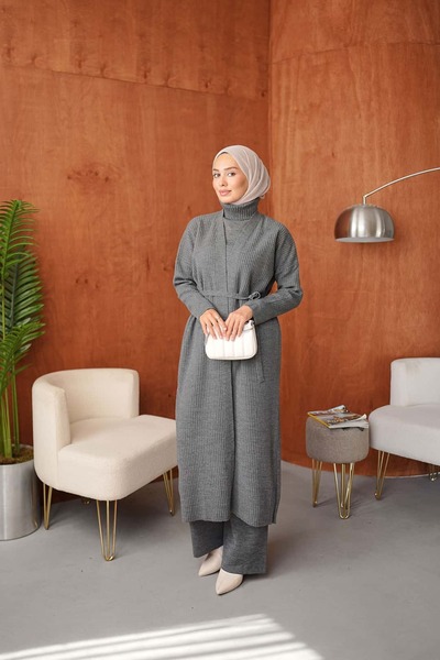 ankanoor Kuşaklı Triko Üçlü Takım (Bluz + Hırka + Pantolon) ANKA261043
