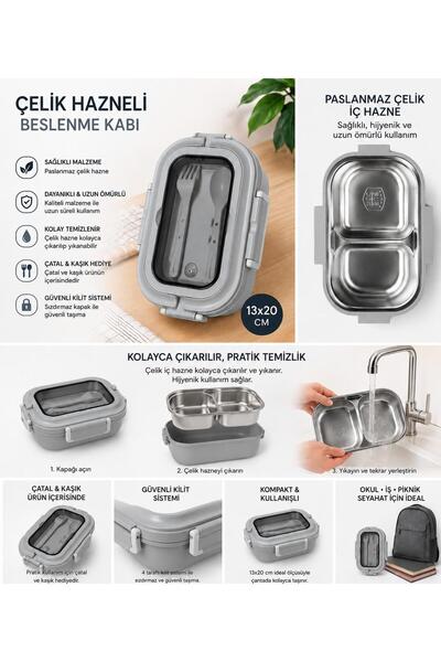 Relaxion Paslanmaz 304 Çelik Hazneli Bölmeli Yemek Kabı (Karışık Renk 1 Adet)