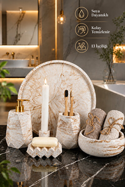 lufen deco طقم حمام من الخرسانة بنمط رخامي بني مكون من 6 قطع، حامل صابون سائل...
