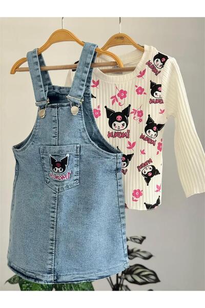 LUFFY KİDS Girl's cat print long sleeve denim jumpsuit set - 2006