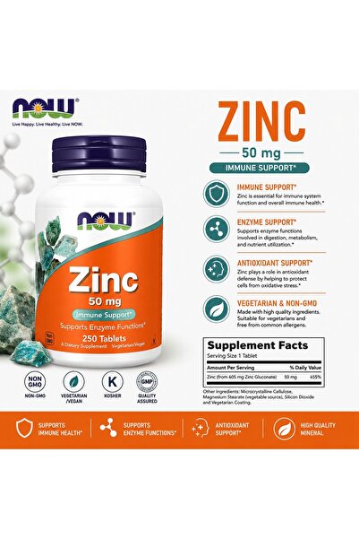 Now Foods Zinc Çinko Immune Support 50 mg 250 tab