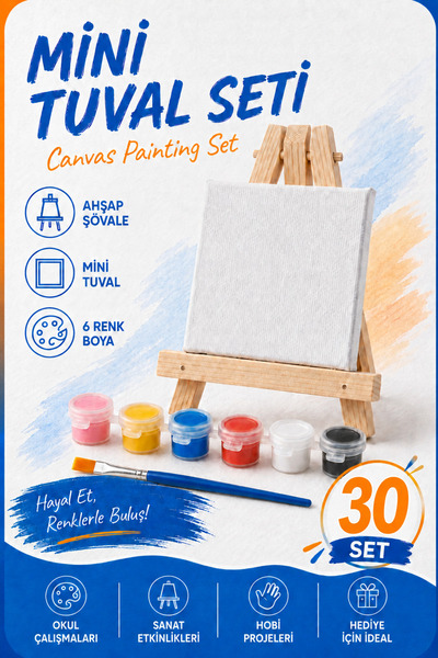 Minopi Mini Tuval Boyama Seti 30 Kişilik Ahşap Şövale 6 Renk Boya Fırça Çocuk...