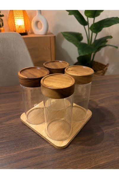 Afthonia 4-Piece Glass Spice Jar Set with Wooden Lids and Bamboo Stand - Large Volume Set