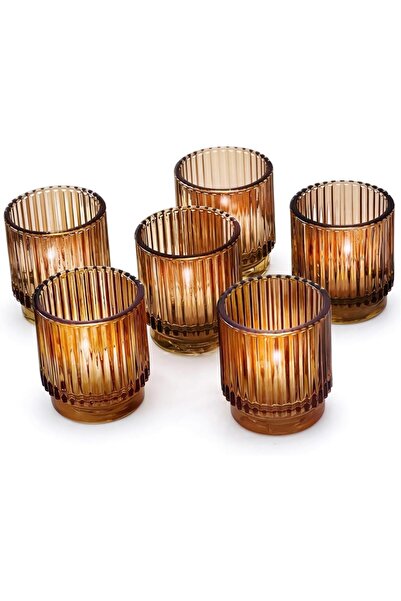 KATE ASPEN Vintage Ribanalı Amber Cam Mumluk ve Adak Mumlukları (6'lı Set), S...