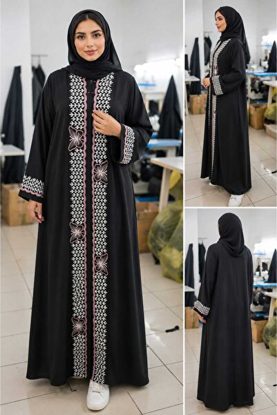 M&O 2 The Pink Butterfly Black Abaya Is Elegant with a Sophisticated Design That Combines Simplicity and Luxurious Embroidery, Featuring Eye-Catching Front Details That Add a Unique Touch.