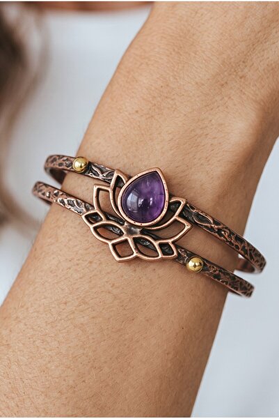 NBS Beautiful Naturel Stones Copper Lotus Flower Bracelet with Amethyst Natur...