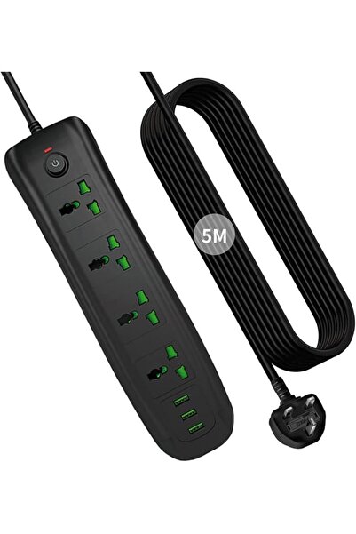 GENERAL شريط طاقة رباعي الاتجاه بطول 5 متر من ايمايزر، 4 منافذ و 3 منافذ USB،...