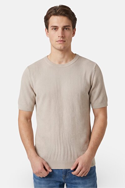 Brave Soul Men Crew Neck Short Sleeve Textured T-Shirt, Beige