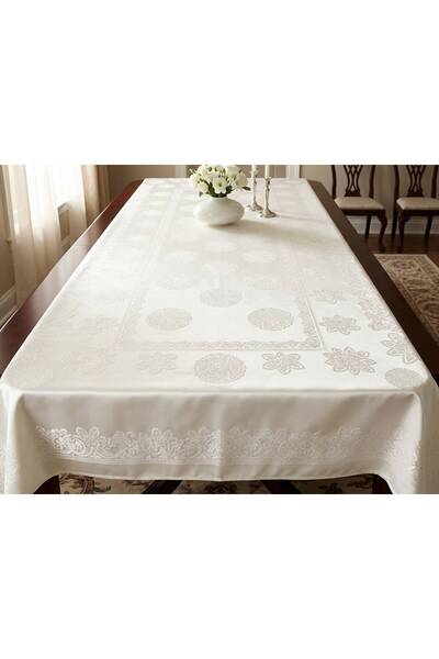 SBR Față de Masă Premium Pamuk Jumbo cu Dantelă Brodată – Model Satinat Alb/I...