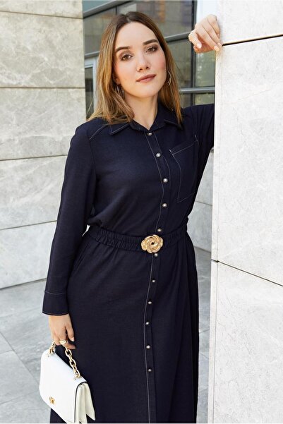 Alvina KEMERLİ GÖMLEK YAKA KETEN ELBİSE 46809