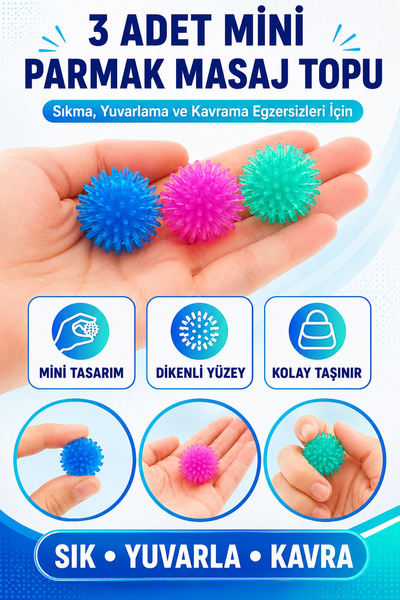 Hane Dostu 3 Adet Mini Dikenli Parmak Masaj Topu El Parmak Egzersiz Sıkma ve ...