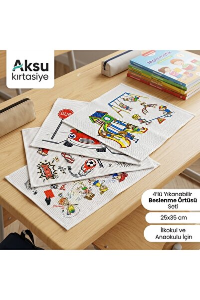 Kids Like 4'lü Set Renkli Desenli İlkokul ve Anaokulu Beslenme Örtüsü (25x35 ...