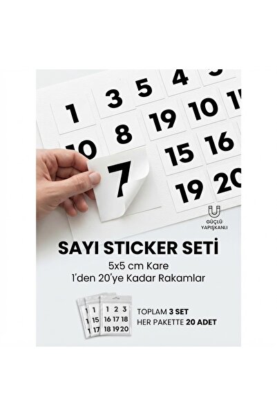 Nur Print Yapışkanlı Kare Sayı Sticker Seti | 1-20 Arası 3 Set | Dolap Kapakl...
