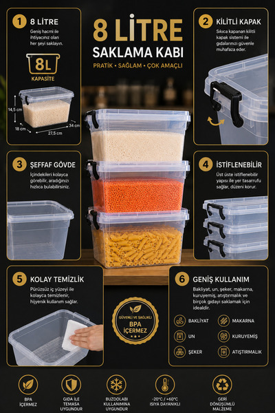 Kitchen Line Modula 8L 3-Piece 8 Liter Transparent Food and Storage Container Set with Locking Lids – Stackable Dry Food Container