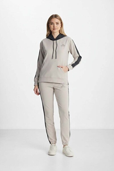 Piyera Women's Stone Gray Two-Thread Comfortable Hooded Striped Tracksuit Set...