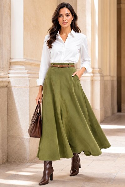 FashionForYou Fustă lungă cu aspect de catifea Sylvette, cu pliuri și curea m...
