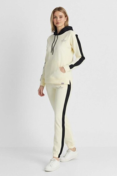 Piyera Women's Ecru Black Two-Thread Comfortable Hooded Striped Tracksuit Set...