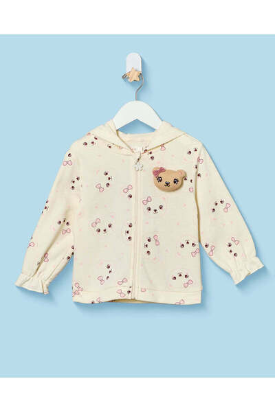 REDTAG Infant Girls Cream Floral Print Zip-Up Hooded Sweatshirt