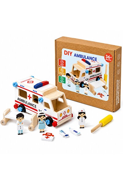Stuniko ® Ambulanță DIY din Lemn pentru Copii, Joc Educativ de Construit și A...