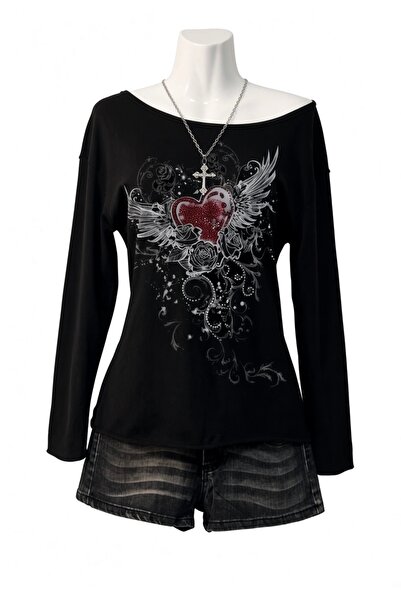 Köstebek Gothic Rose Red Heart Uzun Kollu Sweatshirt