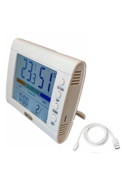 OEM Termometru și higrometru profesional de cameră Muller ®️ baterie reîncărcabilă încorporată, stație meteo, ceas și alarmă, 11*9.5 cm, citire în 10 secunde și ecran iluminat, 2 moduri de montare, alb