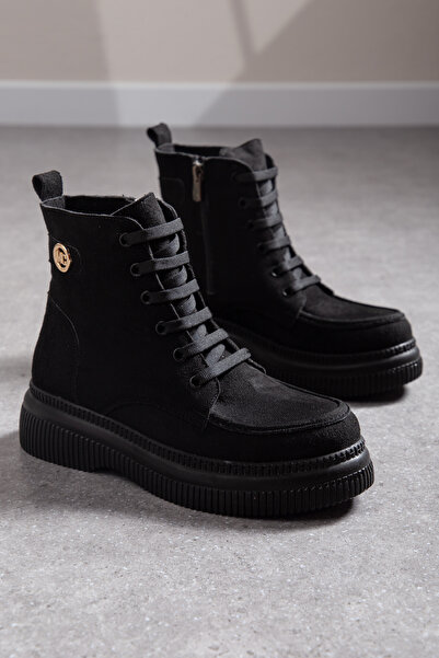 Mc vay Shoes Kadın Mc Aksesuar Detaylı Saraçlı Bağcıklı ve Fermuarlı Kalın Ka...