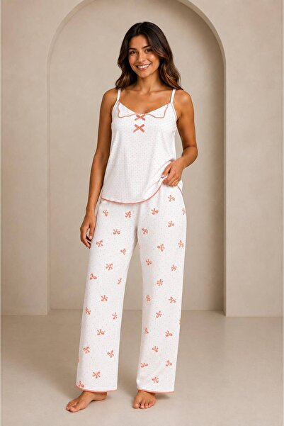 JUMALLİ Women's Strappy Ribbon Detailed Patterned Comfortable Pajama Set