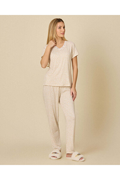 REDTAG Women Ivory Lace Trim Pyjama Set