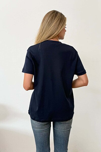 GİYSA Kadın Bisiklet Yaka Amore Kalp Baskılı T-Shirt Lacivert - 26Y 1111