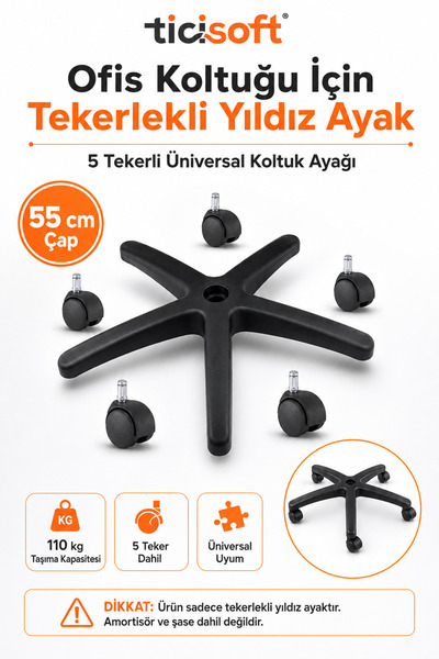 Ticisoft Ofis Koltuğu Tekerlekli Yıldız Ayak 55 cm 5 Tekerli Üniversal Plasti...
