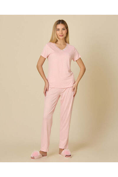 REDTAG Women Pink Lace Trim Pyjama Set