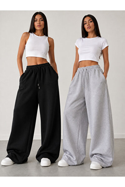 yx yustex sport 2 Adet Eşofman Altı (Siyah ve Gri) Oversize Bol Paça Nefes Al...