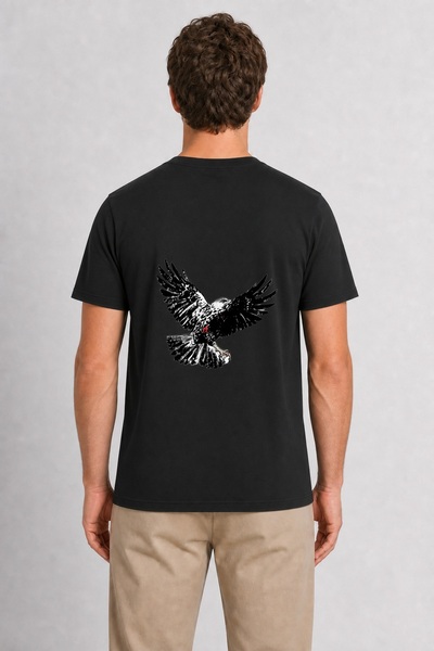 WAKHA Men's Traditional Japanese Style Hawk Back Print - Black