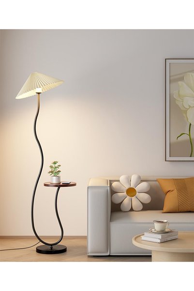 GGEROU Floor Lamp with Side Table, Modern Pleated Fabric Shade Standing Lamp, Curved Metal Frame Reading Lamp for Living Room Bedroom