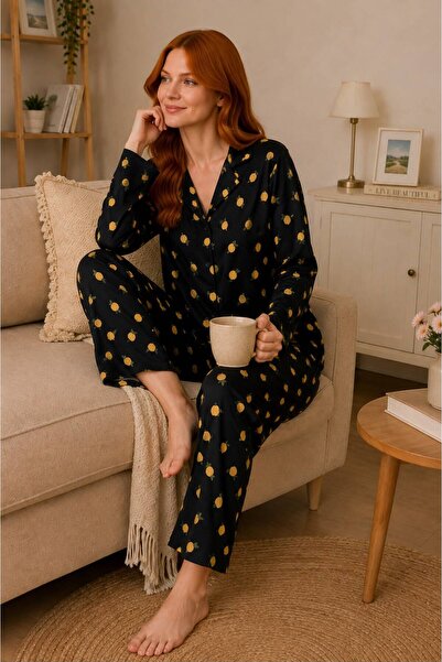 NoaLoungwear Siyah yumuşak Dokulu süet Düğmeli Pijama Takım