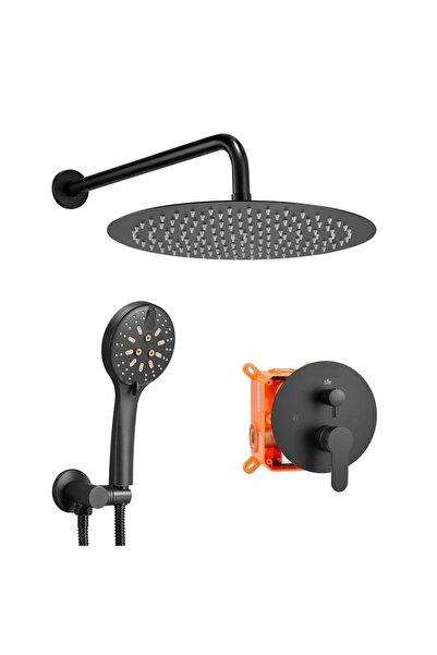 OMS Set de dus, Montaj incastrat, Inox, Negru mat, Cap dus rotund 305 mm, Dim...